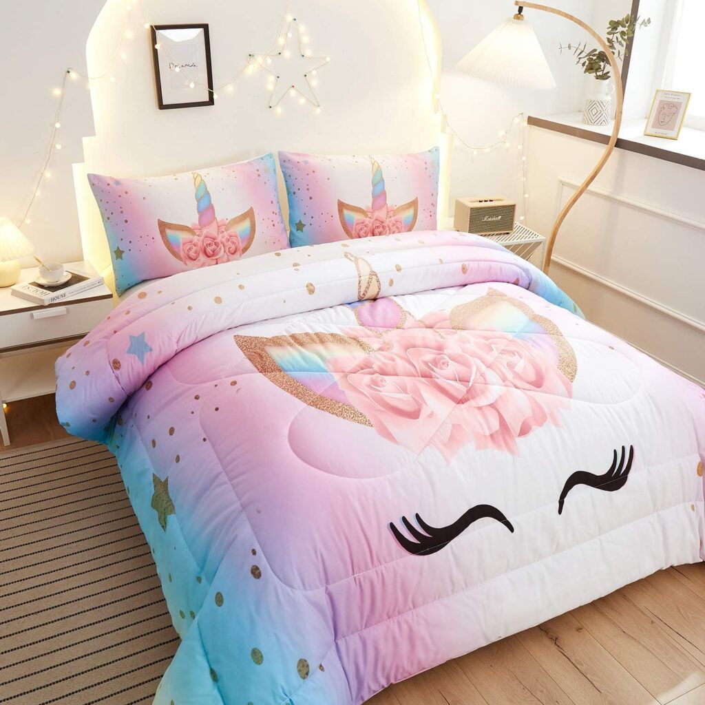 Namoxpa Unicorn Bedding 3 Piece Flower Girl Comforter Sets,Cartoon Unicorn Bedspreads Cute Comforter Sets for Teens and Girls,Twin Size