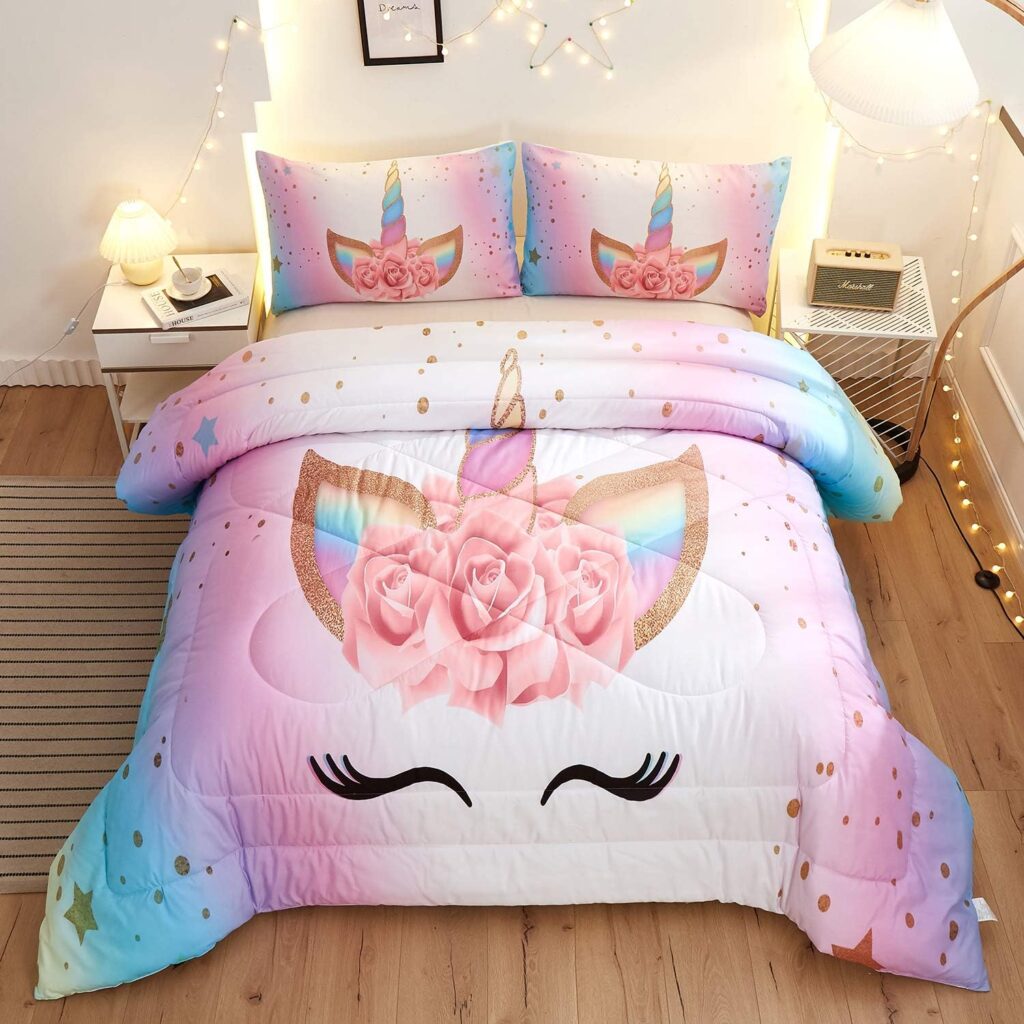 Namoxpa Unicorn Bedding 3 Piece Flower Girl Comforter Sets,Cartoon Unicorn Bedspreads Cute Comforter Sets for Teens and Girls,Queen Size