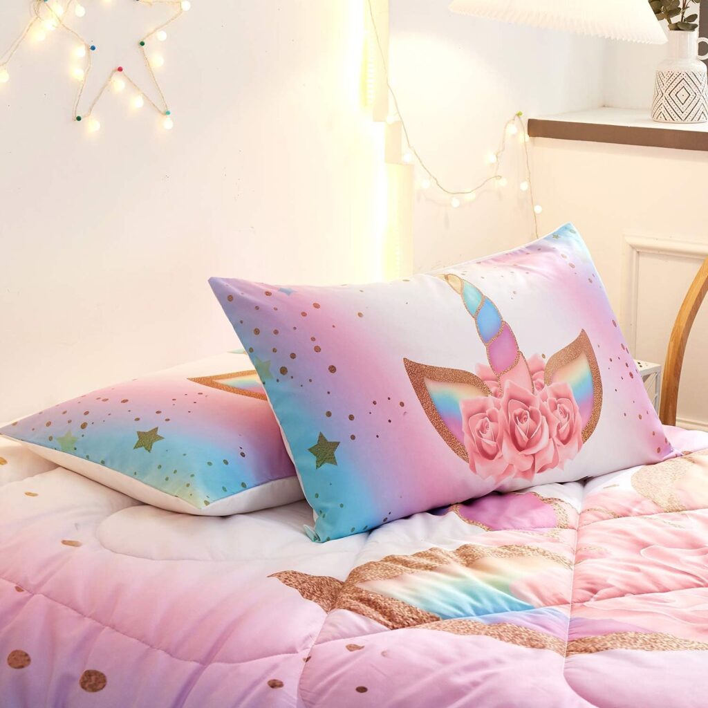 Namoxpa Unicorn Bedding 3 Piece Flower Girl Comforter Sets,Cartoon Unicorn Bedspreads Cute Comforter Sets for Teens and Girls,Queen Size