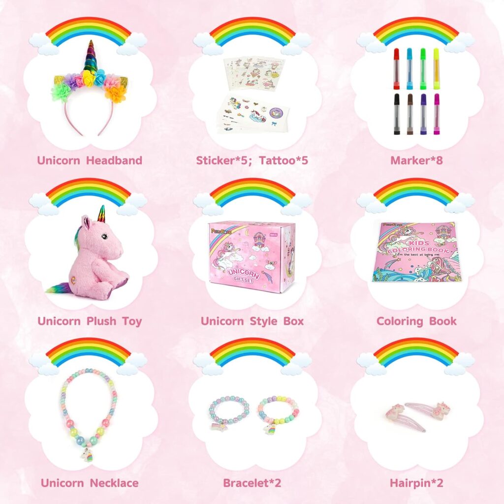 PERRYHOME Unicorn Gifts for Girls 26 Pcs Unicorn Surprise Box with Unicorn Plush, DIY Coloring Book, Unicorn Necklace  Jewelry, Girl Gift Toy Birthday Gift for 3-12(Pink Plush Set)