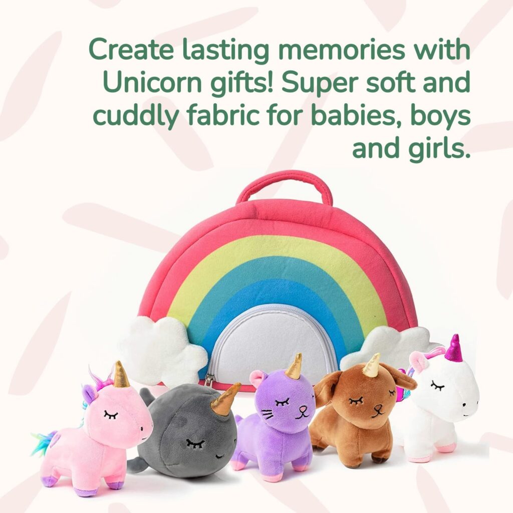 PixieCrush 5pc Unicorn-Themed Stuffed Animal Set with Rainbow Case - Includes Unicorns, Kitty, Puppy, Narwhal - Soft, Durable  Vibrantly Colored Toys, Perfect Toddler Gifts for Girls Ages 3-10