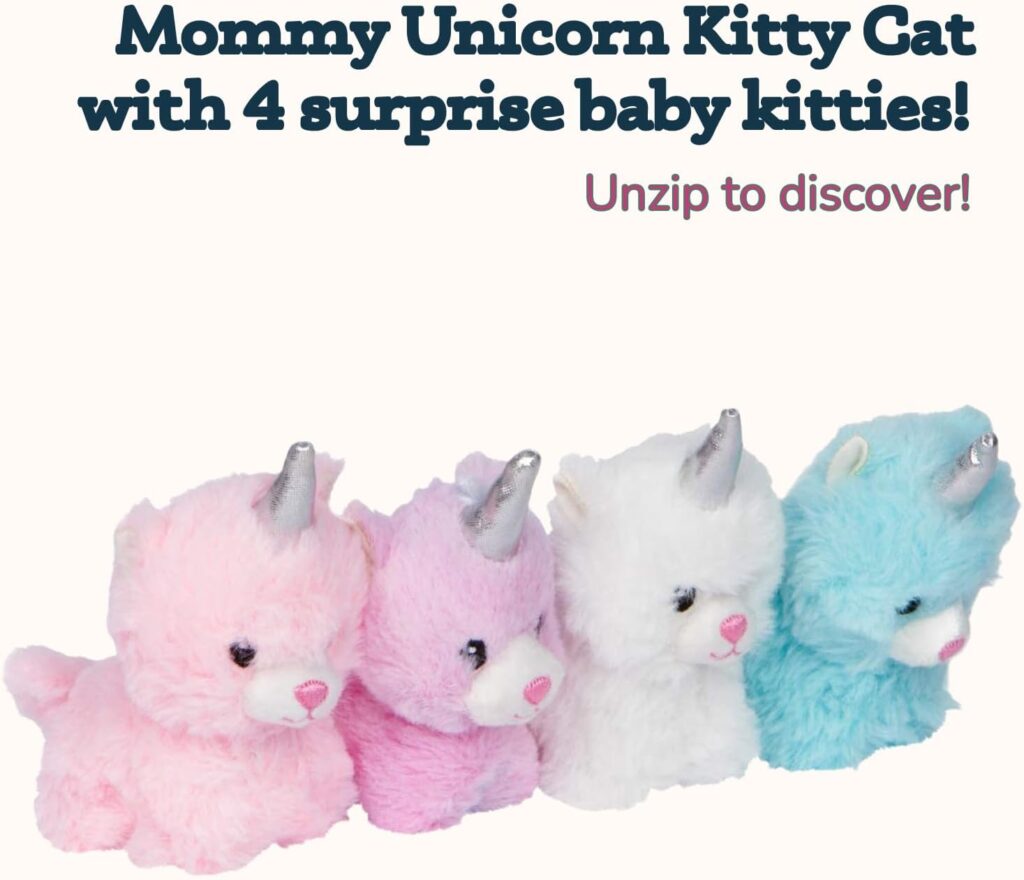 PixieCrush | Unicorn Stuffed Animals - Kitty Cat Plushies for Kids - Cute Squishy Pillow Toy - Stuffed Mommy Unicorn Kitty Cat with 4 Baby Unicorns - Gift Present Animal Pillows for Girls and Boys